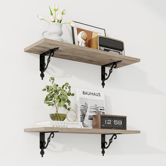 RICHFOCUS Floating Shelves for Wall Decor, 24Inch Shelves Set of 2, 24W x 8D Floating Shelves Wall Mounted with Metal Brackets, Rustic Wood Shelves for Living Room Bedroom Kitchen, Grey