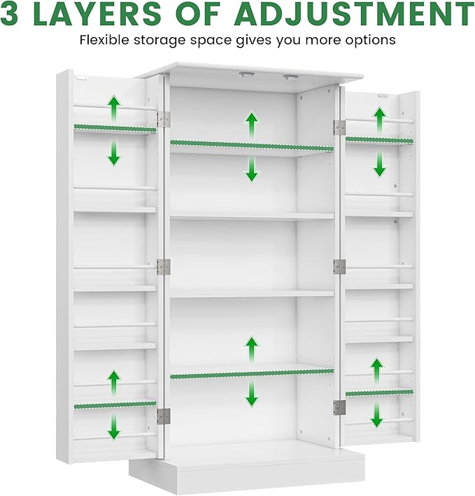 47" Tall Kitchen Pantry Cabinet, Snow-White Pantry Storage Cabinet with Adjustable Shelves, Barn Doors and Drawer Farmhouse Cupboard for Kitchen, Dining Room, Bathroom (16" D x 24" W x 47")