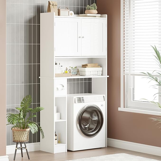 Over The Toilet Storage Cabinet with Toilet Paper Holder Double Door Bathroom Organizer with Adjustable Shelves Freestanding Bathroom Shelf Toilet Storage Cabinet Space-Saving Toilet Rack, White
