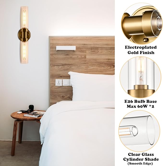 Modern Gold Wall Sconce with Clear Glass Shade 2-Light Bathroom Vanity Lights 20-Inch Brass Glass Wall Light Fixtures for Hallway Staircase Living Room