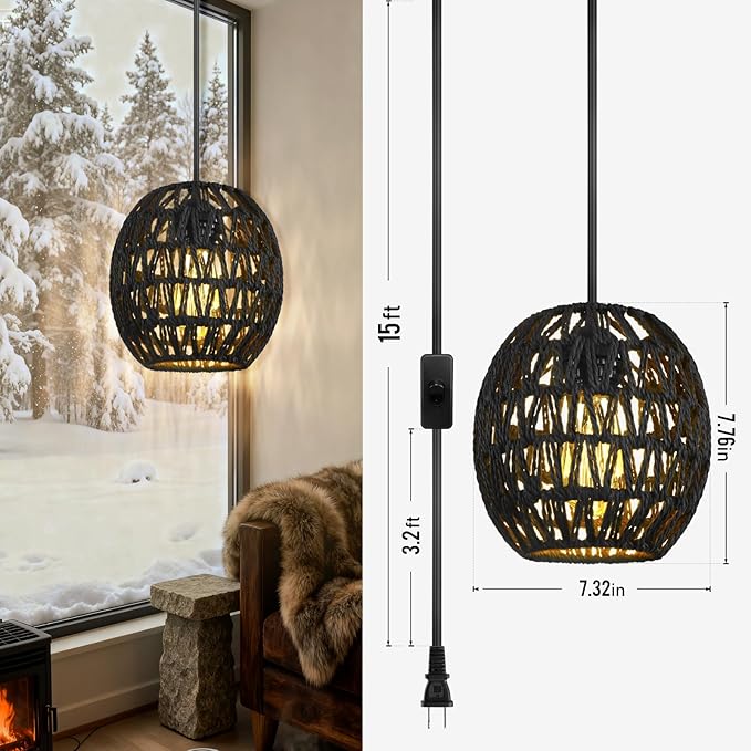 SLYYMY Plug in Pendant Light, 15FT Hemp Rope Cord, Hanging Lamps Rattan Pendant Light, On/Off Switch Hanging Lights for Bedroom Living Kitchen Black