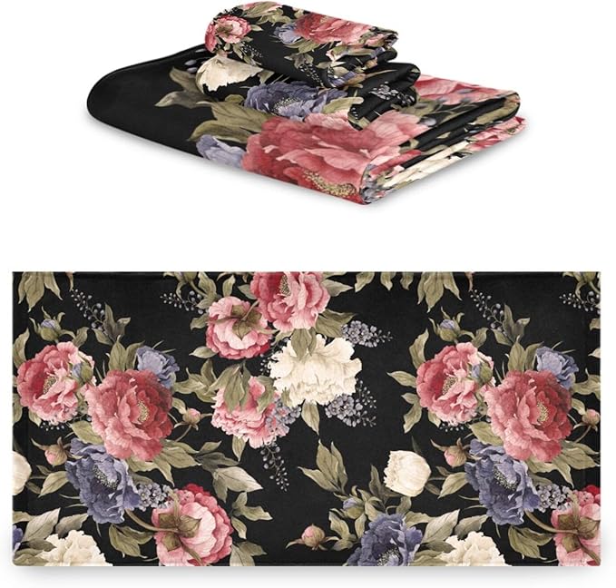 Vintage Peony Floral Bath Towels Set,Ultra Soft 3 Piece Watercolor Rose Flower Pattern Black Towels for Bathroom,1 Bath Towel 1 Hand Towel 1 Washcloth,Absorbent Decoractive Bathroom Towels