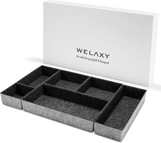 Welaxy Deluxe drawer organizers multi-purpose storage box junk bins soft but sturdy quiet luxury gift idea catch tray office home bathroom watches Jewelry nightstand holder 6-piece Style A (Charcoal)