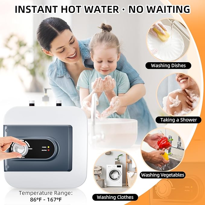 Electric Mini Tank Water Heater, 2.64Gallon Under Sink On Demand Hot Water Heater, Wall or Floor Mounted, 1500W Point of Use Instant Hot Water for RV Kitchen Bathroom Restaurant