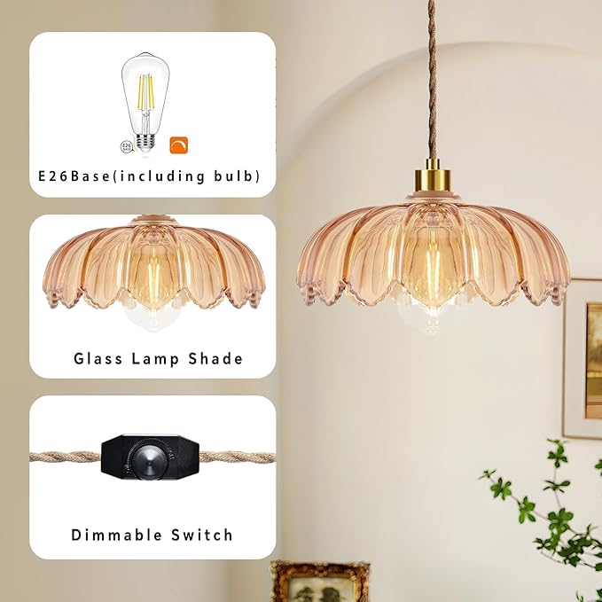 Plug in Pendant Light Hanging Lights with Plug in Cord Mid Century Modern Gold Hanging Lamp Glass Vintage Dimmable Flower Chandelier Ceiling Fixture for Living Room,Kitchen,Boho