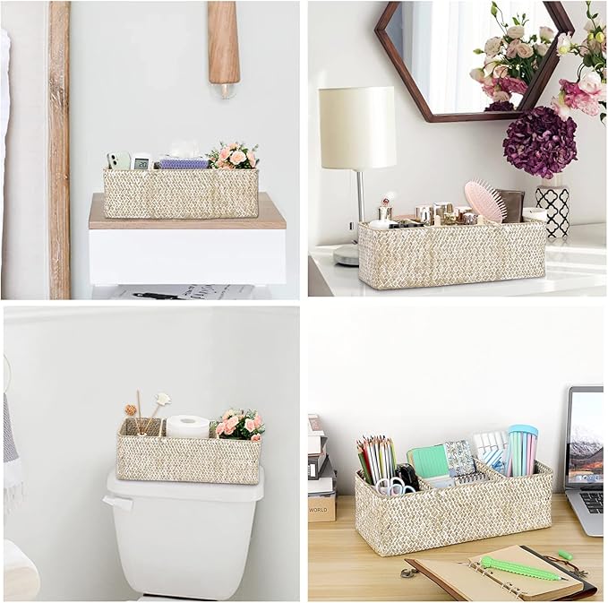 Hipiwe Seagrass Storage Basket Bin- 3 Sections Hand-Woven Toilet Basket Wicker Shelf Bathroom Organizer Bins for Shelves, Kitchen, Closets, Toilet Paper Tissue Organizer