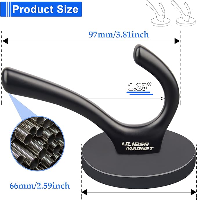 ULIBERMAGNET Strong Magnetic Double Hooks, 2 Pack Heavy Duty Sturdy Coat Magnetic Hooks, Rubber Magnets Large Hooks for Coat Robe Towel Key Hat (Black)