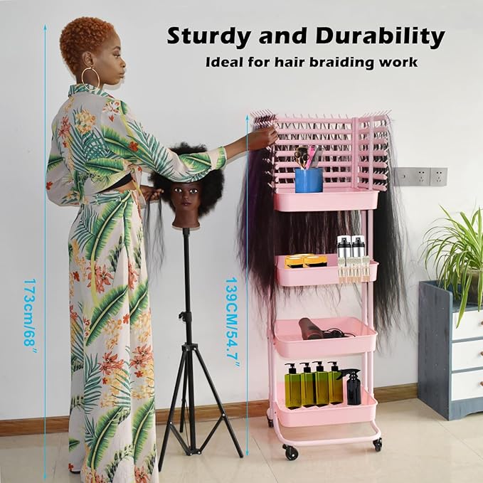 Braiding Hair Rack with 196 Pegs, Hair Extension Holder with 4 Tiers Storage Cart, Elegent Pink Braiding Rack Stand for Hair Braider, Sturdy Hair Rack for Salon, Home, Beauty School
