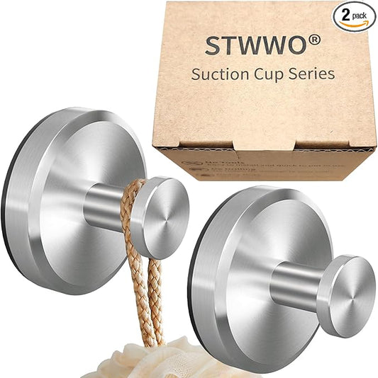 Suction Cup Hooks for Shower, Bathroom, Hanging Towels, Loofah, Mounting on Glass Shower, Tile, Rubber Suction Cup, Brushed Nickel, 2 Pack