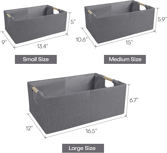 ANMINY 4PCS Storage Baskets for Organizing Collapsible Fabric Storage Bins Boxes with Wood Handles Closet Shelves Cube Organizer Bins Clothes Laundry Storage Container - Medium, Gray