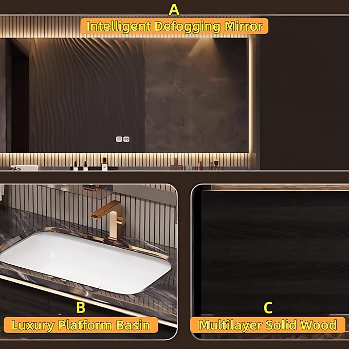 40in Luxury Bathroom Vanities - Bathroom Vanity with Sink, Wall-Mounted Storage with 2 Large Side Cabinets Intelligent Defogging & Led Lights | Multi-Layer Solid Wood