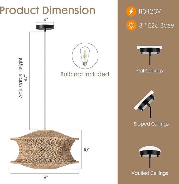 18" Boho Rattan Pendant Light Fixture, Large Woven Hanging Ceiling Lamp, Natural Farmhouse Chandelier for Dining Room, Kitchen Island, Living Room, Entryway, Rustic Foyer Lighting