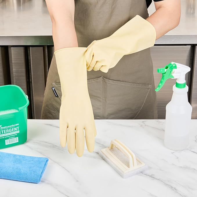 Clean Tek Professional 22 Mil Large Cleaning Gloves, 10 Pairs Of Long Cuff Gloves - No-Slip Grip, No-Powder, Yellow Latex Gloves For Kitchen Cleaning, Ideal For Washing Dishes