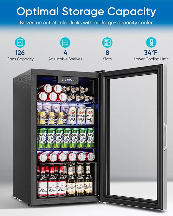Beverage Refrigerator Cooler - 126 Can Mini Fridge Glass Door for Drinks Soda Beer Wine - Small Refrigerator for Office Bedroom Home Bar, 4 Adjustable Shelves, 3.2 Cu.Ft, Silver