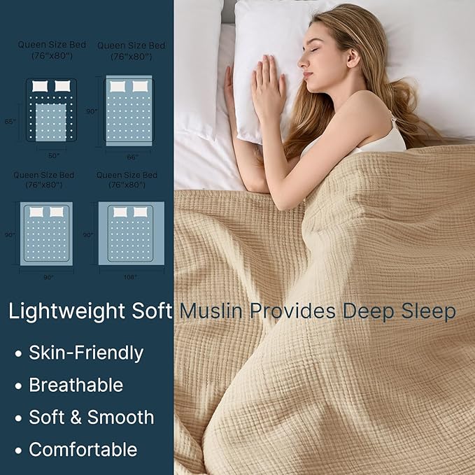 Muslin Blanket 100% Cotton Blanket Throw 66”x90”, Lightweight Breathable Summer Blanket Throw. Supersoft 4-Layer Gauze Throw Blanket for Sofa, Couch, Bed, All-Season Use, Sand