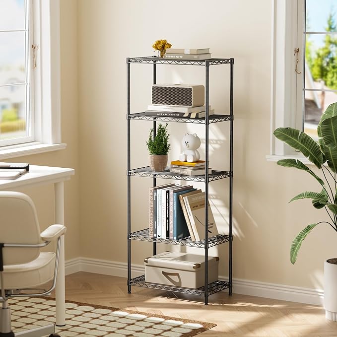5 Tier Adjustable Storage Shelves Heavy Duty Metal Utility Shelf 500LBS Capacity Wire Shelving Unit Organizer Rack for Home Kitchen Office Bathroom Pantry Room 12" D x 22" W x 59" H Black