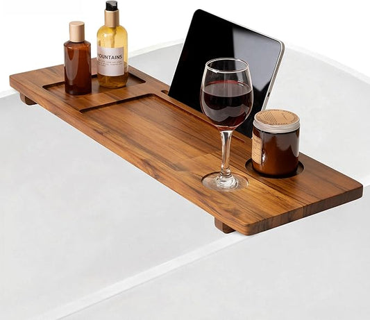 Teak Bathtub Tray - Wood Bath Caddy Tray 29" for Small Tubs - Adjustable Bathtub Table Trays - Luxury Shower Organizer for Home Spa Relaxation and Reading - Light Walnut Color