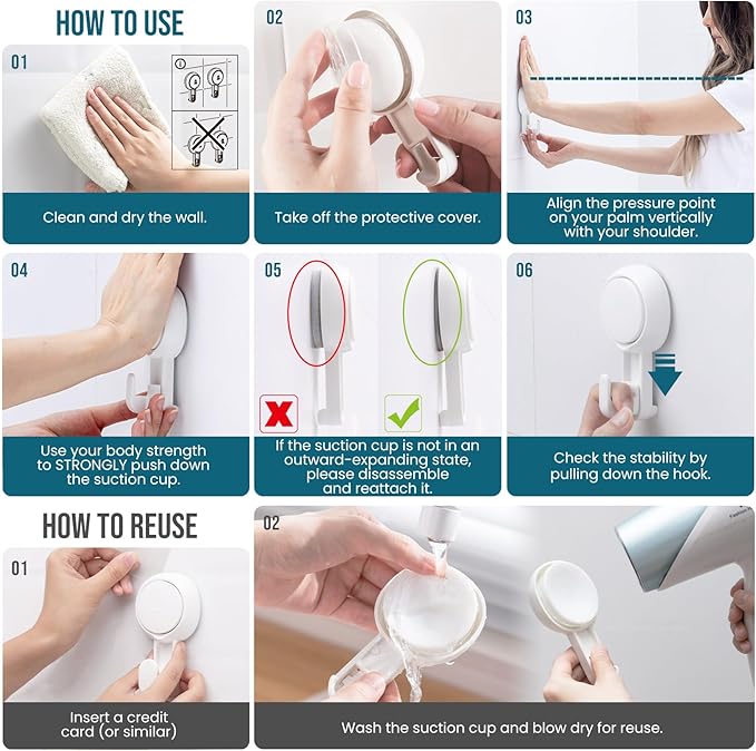 TAILI 4 Pack Powerful Suction Cup Shower Hooks for Towel, Loofah, 360° Rotatable Damage-free Hanging Versatile Wall Hooks for Inside Bathroom, Decoration, Removable Suction Holders, Easy to Use, White