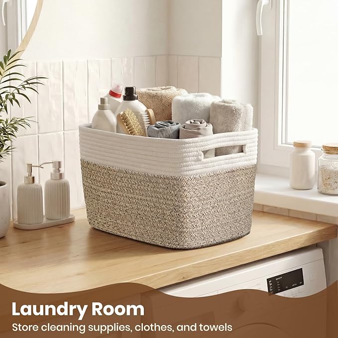 Storage Baskets for Organizing, 14 x 10 x 9” Closet Shelf Woven Baskets, Square Bins with Handles, Cotton Rope Basket for Toys, Clothes, Office, Room, White+Rice Brown 4 Pack