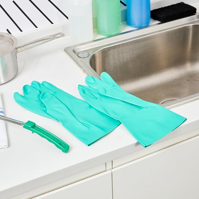 Green Cleaning Gloves 10 Pairs 15 Mil Thick XXL Heavy-Duty Nitrile Gloves With Long Cuff No-Latex Flock Lining For Use In Hospitals, Laboratories, Kitchens and Households