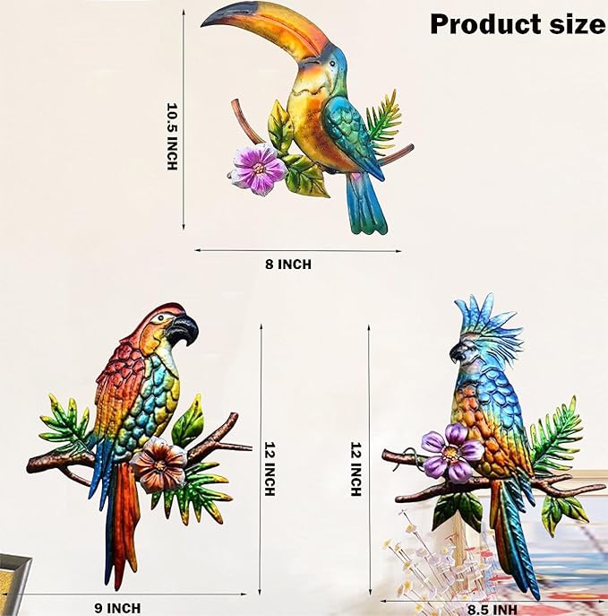 Voumsil 3 PCS Metal Birds Wall Decor Parrot Toucans Tropical Wall Art Outdoor Wall Sculpture for Patio Balcony Garden Fence Wall Decor for Bedroom Living Room Indoor Wall Hanging