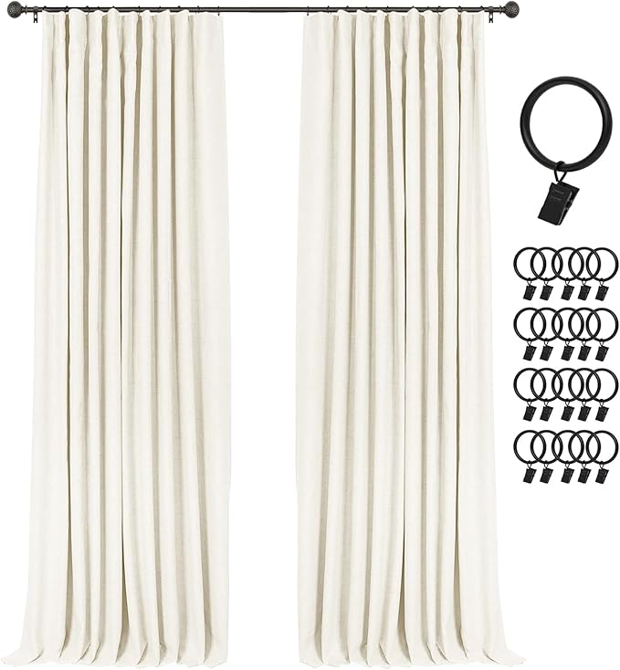 INOVADAY 100% Blackout Curtains for Bedroom, Black Out Curtains 63 Inch Long, Clip Rings Linen Blackout Drapes, Thermal Insulated Room Darkening for Living Room, 2 Panels - Lightcream,W50xL63