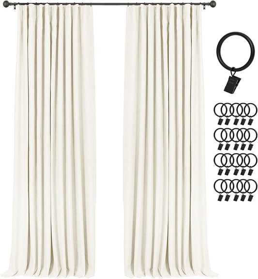 INOVADAY 100% Blackout Curtains for Bedroom, Black Out Curtains 63 Inch Long, Clip Rings Linen Blackout Drapes, Thermal Insulated Room Darkening for Living Room, 2 Panels - Lightcream,W50xL63