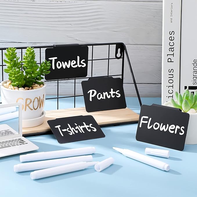 34 Pcs Plastic Basket Bin Label Clip on Removable Basket Label Clip with White Chalk Markers for Kitchen Pantry Storage Fabric Box Hanging Bin