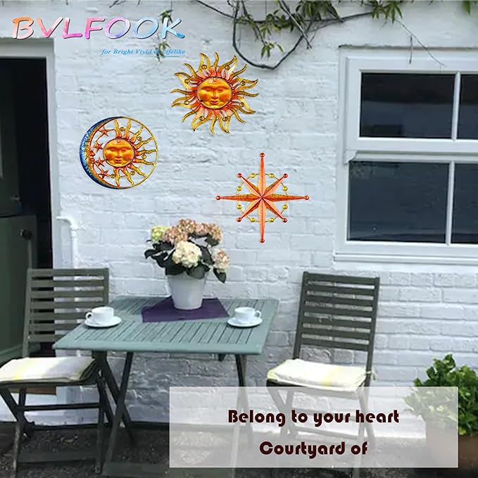 Sun Moon Star Metal Wall Art, Glass Sun Face Weird Decor, Set of 3, Indoor Outdoor Wall Decor for Patio Garden Balcony Porch Yard, Farmhouse Bedroom Living Room Wall Decorations
