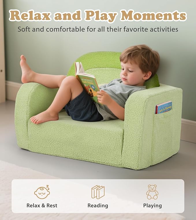 Kids Couch, 2-in-1 Soft Toddler Couch Fold Out with Blanket, Comfy Toddler Chair, Convertible Sofa, Gifts for Kids Girl Boys, Medium Green Rainbow