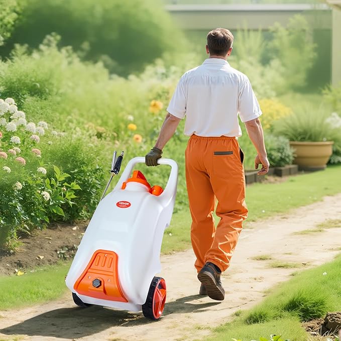 13.1 Gallon Battery Powered Sprayer with Wheels, Adjustable 0-80 PSI, 5 Nozzles and 98ft Hose Included, Orange