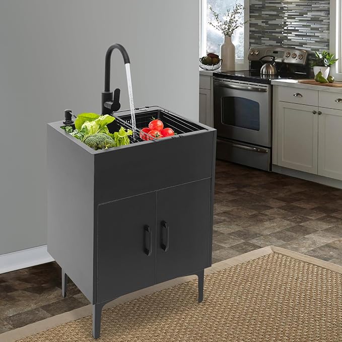 20-Inch Laundry Sink with Cabinet & 360° Swivel Hot/Cold Faucet, Freestanding Kitchen Sink Cabinet with Stainless Steel Sink & Drain Basket, Black Cabinet with Sink for Laundry&Utility Room