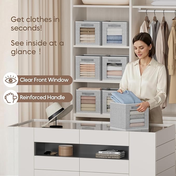 Foldable Storage Cubes - Cubby Storage Organizer with Window, Decorative Fabric Bins for Clothes Storage, Closet Organizers for Shelves, 11inch, Set of 8, Light Grey