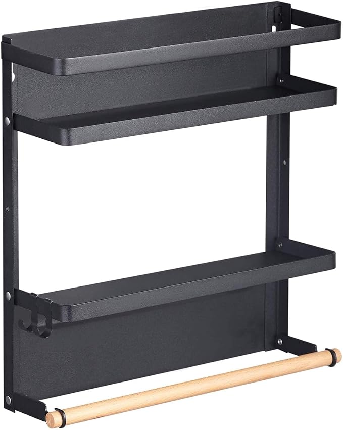 Thipoten Magnetic Spice Rack, 2-in-1 Foldable Strong Magnetic Shelf with Paper Towel Holder, Perfect Space Saver for Small Kitchen/Apartment, Easy to Install on The Side of Refrigerator(2 Tier, Black)
