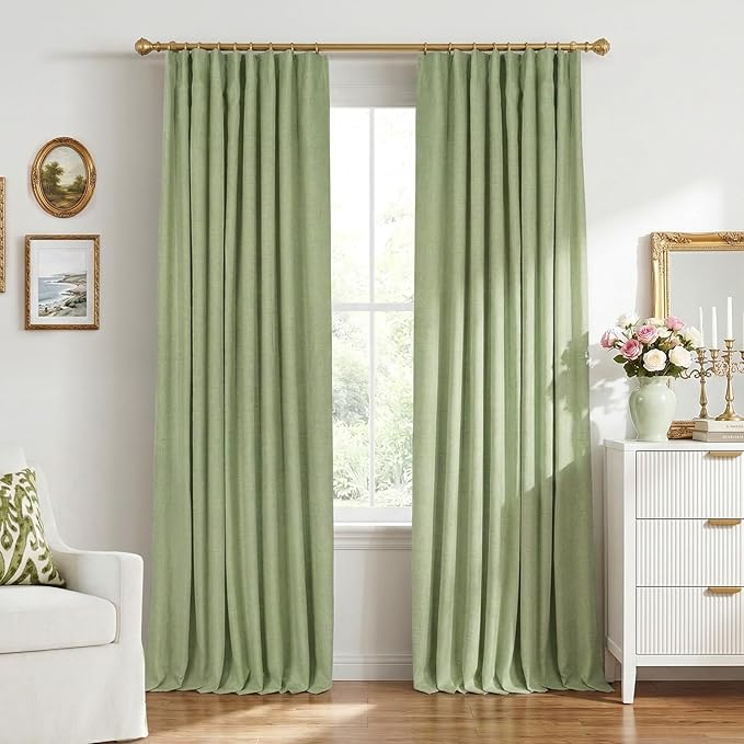 INOVADAY 100% Blackout Curtains for Bedroom, Black Out Curtains 102 Inch Long, Clip Rings Linen Blackout Drapes, Thermal Insulated Room Darkening for Living Room, 2 Panels - Sagegreen,W50xL102
