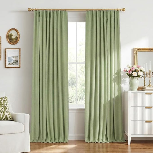 INOVADAY 100% Blackout Curtains for Bedroom, Black Out Curtains 96 Inch Long, Clip Rings Linen Blackout Drapes, Thermal Insulated Room Darkening for Living Room, 2 Panels - Sage Green,W50xL96