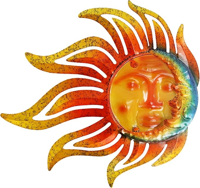 Metal Sun Moon Wall Art Decor, 12 Inch Retro Hanging Decor With Glass, Flame Sun Outdoor Indoor Wall Decorations For Patio Yard Garden Fence Living Room Bedroom