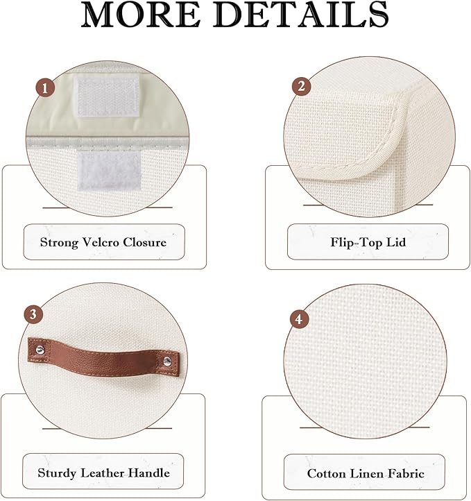 2PCS Collapsible Storage Boxes Baskets with Lid Cotton Linen Fabric Storage Bins with Faux Leather Handles Washable Cube Organizer Container for Home Closet Bedroom (Beige, Large Size)