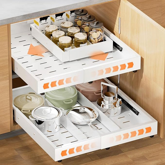 Pull out Cabinet Organizer Expandable W(12"-20") and D(16"-22"), No Drill Adjustable Slide Out Drawers With 3 Slide Rails, 2Pcs Magnetic Panel, Adhesive Roll out Shelves for Kitchen, Cabinets, Pantry