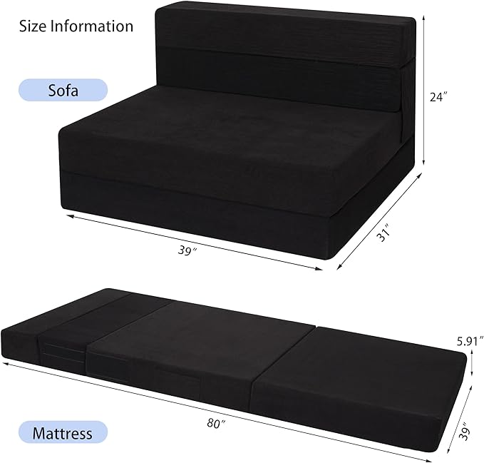 Sofa Bed Foldable Mattress ，Folding Sleeper Sofa Chair Bed Floor Mattress with Pillow for Living Room Home Office (Black-Corduroy, Twin XL)