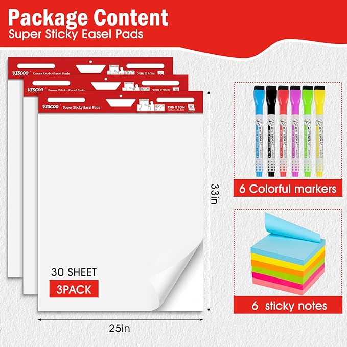 Thickened Sticky Easel Pad, 25 x 30 Inches Flip Chart Paper for Teachers, Giant Self-Stick Chart Paper for Wall, Anchor Chart Paper for Classroom/Office with Sticky Note, 90 Sheets/3Pad