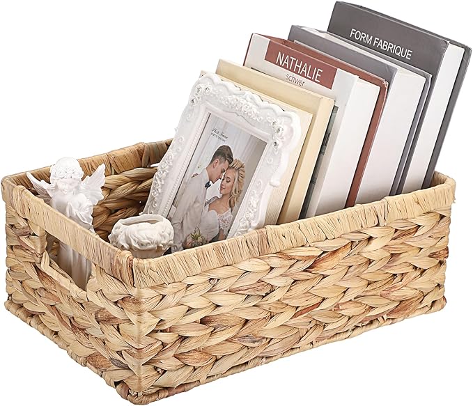 Wicker Basket for Shelf Woven Open Storage Bins with Built-in Handles Handwoven Water Hyacinth Storage Baskets Box for Living Room Bathroom Kitchen,13.8"L x 9.3"W x 5"H