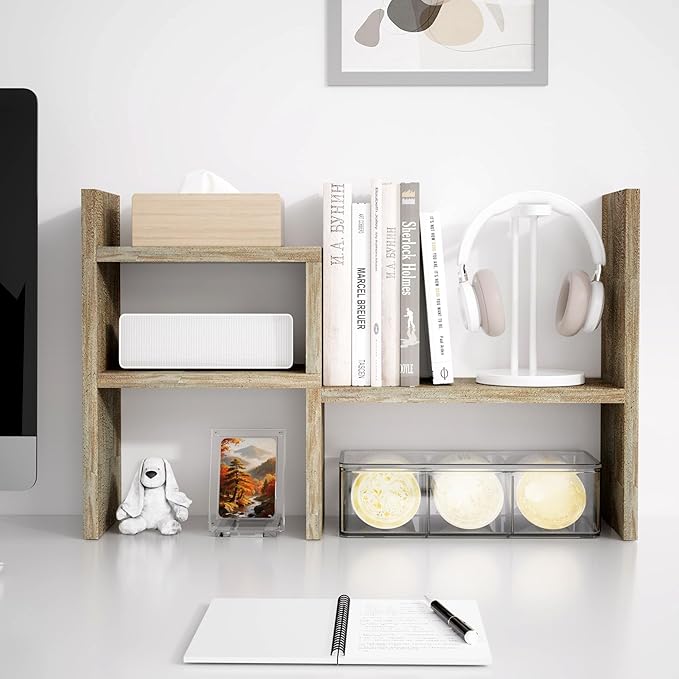 Jerry & Maggie Desktop Organizer Office Storage Rack Adjustable Wood Display Shelf Birthday Gifts Toy Home Decor Free Style Rotation Display True Natural Stand Shelf (Gray Oak/2 Pack)