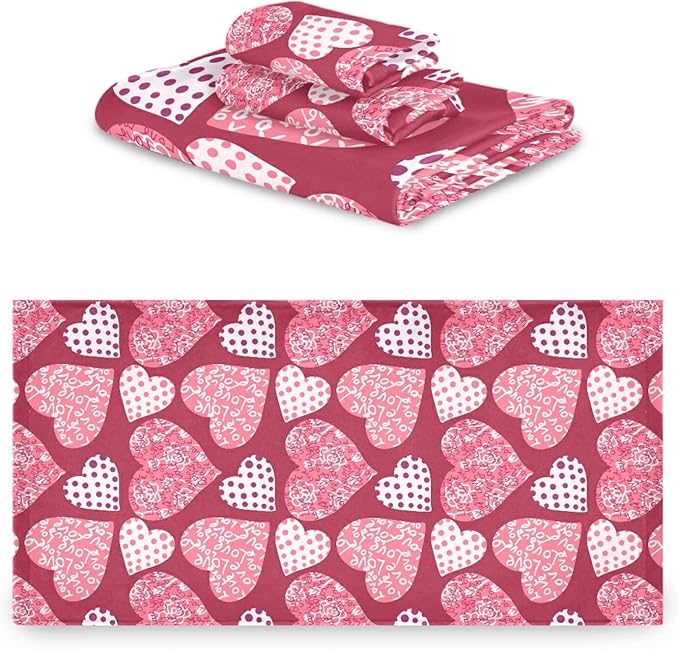 Pink Plaid Hearts Towels Set of 3 Romantic Love Dot Spring Bathroom Towel Soft Absorbent Bath Hand Towels Washcloth Guest Towel Sets Mother's ValentineDecorations