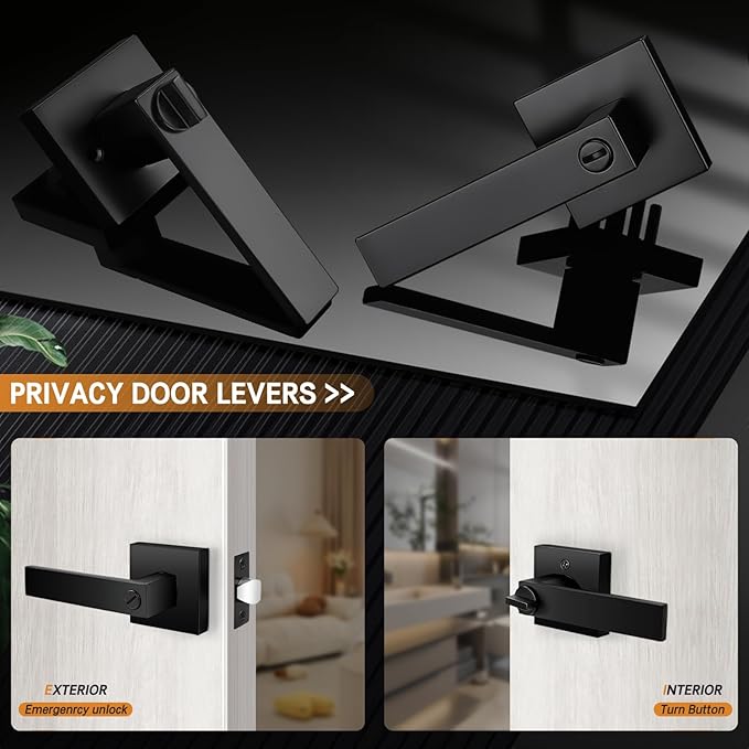 Probrico Matte Black Square Privacy Door Levers Bed Bath Door Handles, Heavy Duty Interior Keyless Door Locks for Left or Right Sided Doors, 4 Pack, Modern Design