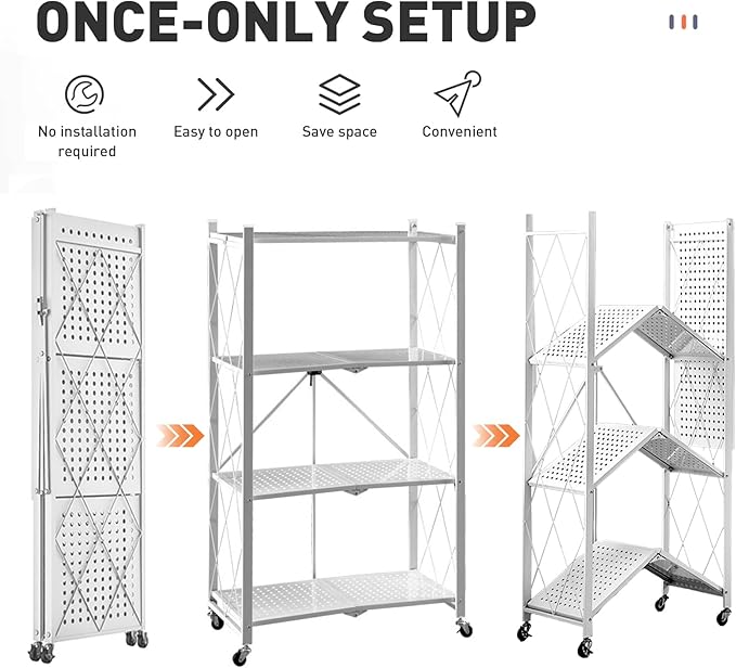 Folding Shelf Foldable Shelves with Wheels - Folding Shelves No Assembly , Collapsible Shelf Unit Display, Kitchen Organizers and Storage, Pop Up Heavy Duty Rack , 4-Tier White 28"D x 14"W x 49"H