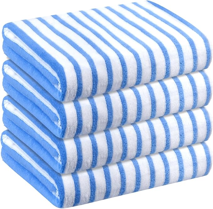 Beach Towels, Microfiber Bath Towel Set, Cabana Stripe, Absorbent, Quick Dry for Adult, Travel, Summer, Sport, Swimming, Pool, Yoga, Camping, 4 Pack, 30" x 60", StripeBlue