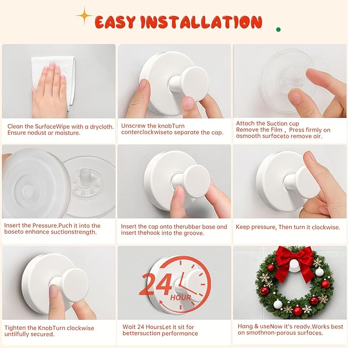 Suction Cup Hooks, Suction Cup Hooks for Shower,Removable Towel Hooks for Bathroom Window Glass Door Wall, Bath Robe Looafh Wreath Hook for Hanging (White)