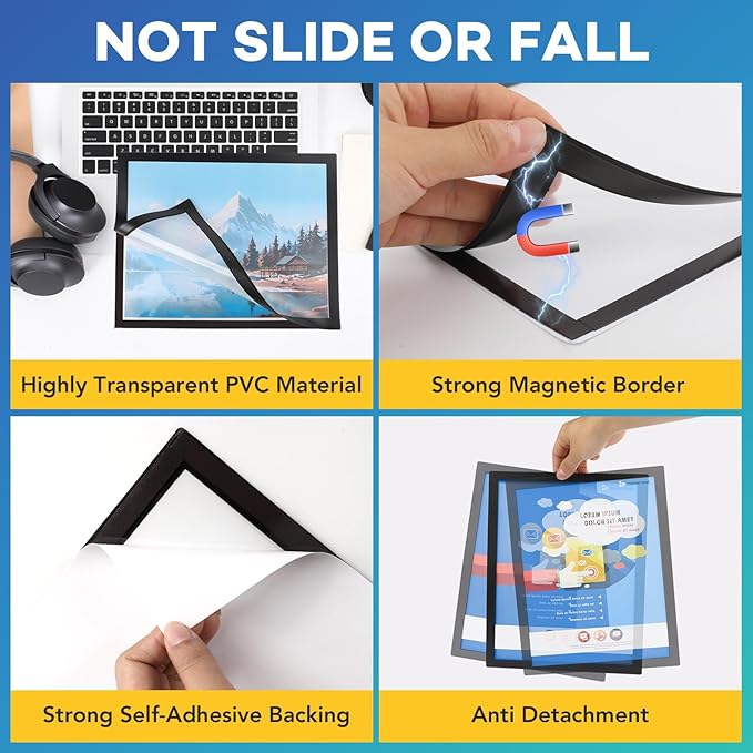 YixangDD 4 Pack Magnetic Sign Holder 8.5 x 11, Self-Adhesive Magnetic Wall Mount Sign Holder, Magnetic Document Holder for Wall Window Office Poster Store