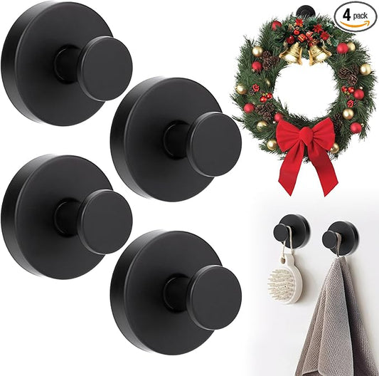 4Pcs Suction Cup Hooks for Wreaths, Shower Suction Cup Hooks, Strong Suction Cup Hanger for Front Door, No-Drill & Removable Holders for Window Glass, Bathroom, Kitchen Mirror, Wall (Black)